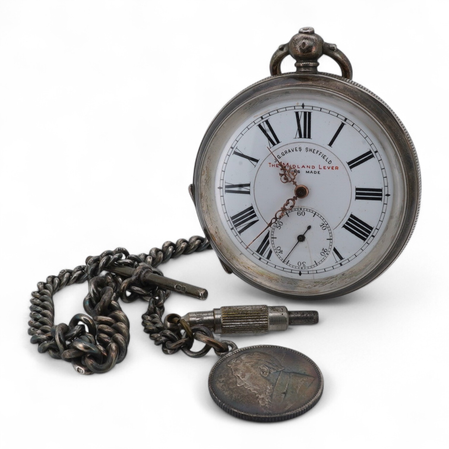 A late 19th century Swiss 935 standard white metal open faced 'The Midland Lever' key wind pocket watch, retailed by J.G. Graves, Sheffield, with Roman dial and subsidiary seconds, case diameter 52mm, together with a sil